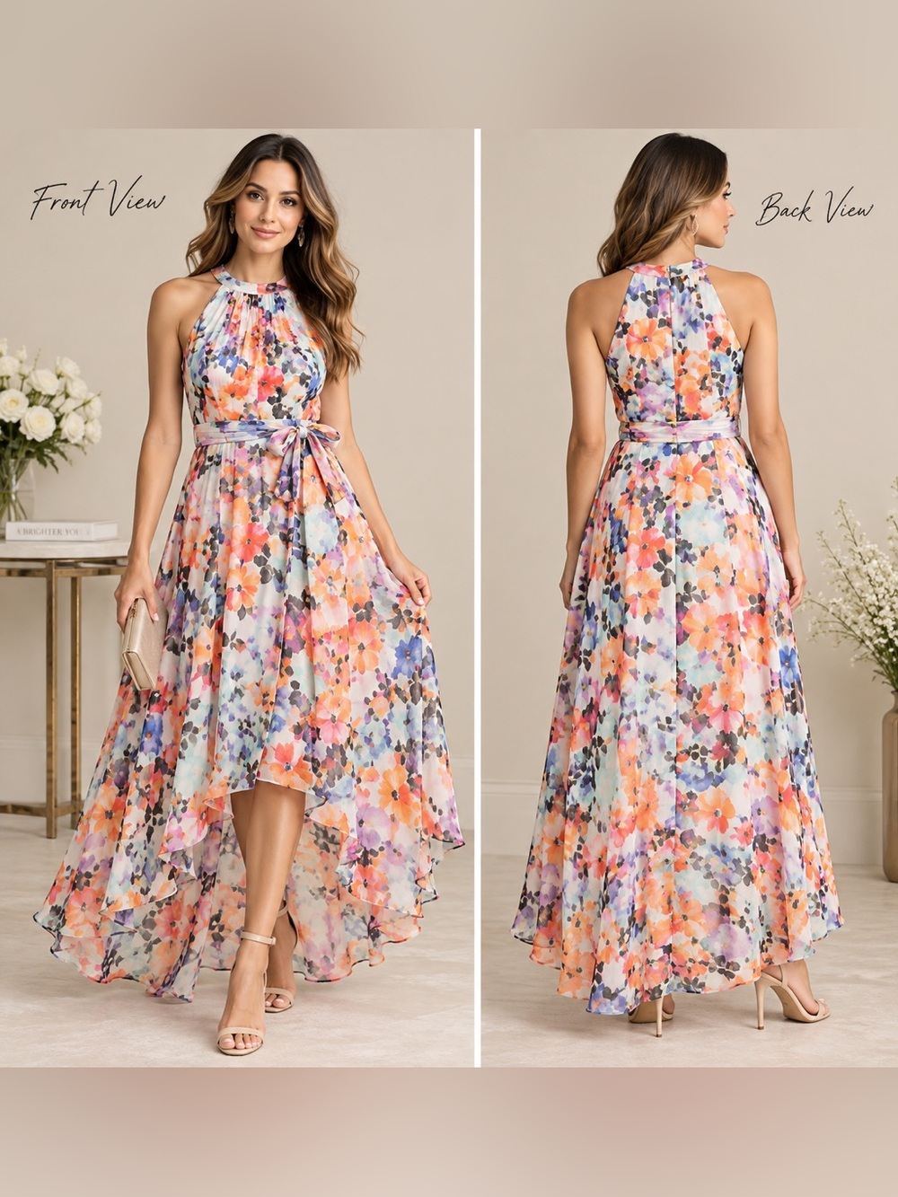 NWT SLNY Size 10 Floral High Low Maxi Dress Belted Wedding Guest MSRP $109